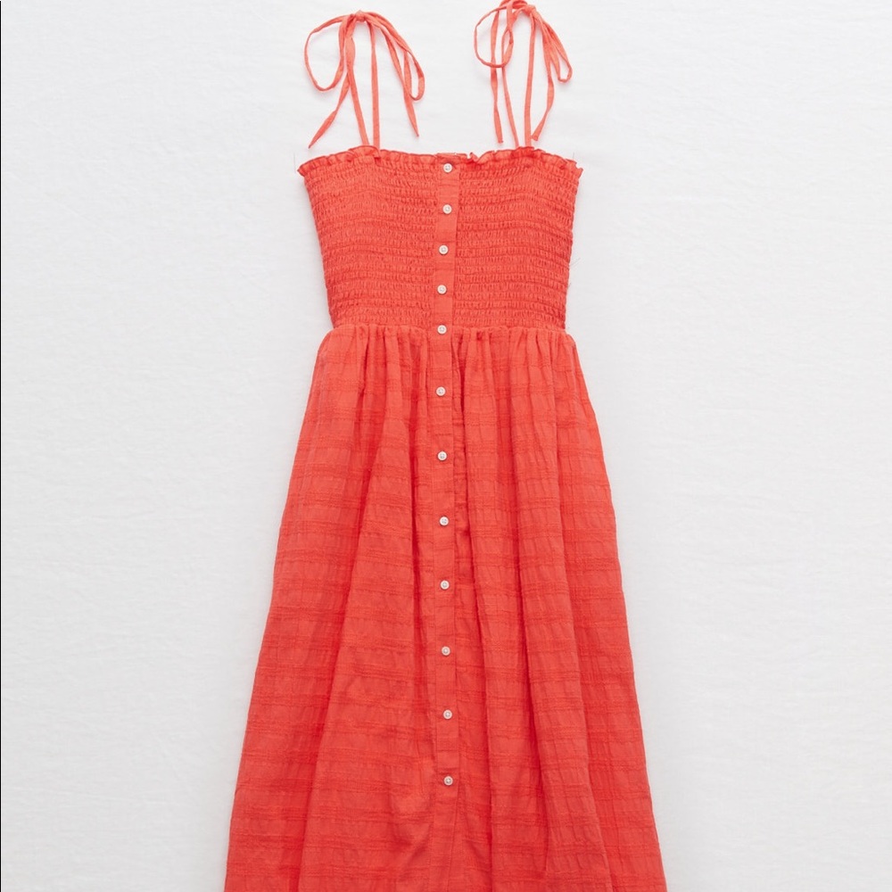 Aerie Smocked Button Down Dress (coral/red) with pockets and adjustable straps